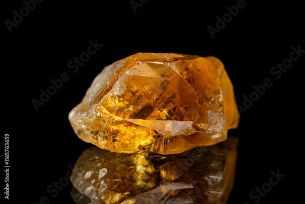 Fototapeta Closeup rough uncut citrine gemstone on dark background (selective focus)