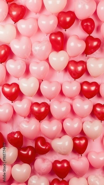 Fototapeta Close-up of heart-shaped balloons in red and pink tones densely filling frame on soft pink backdrop for festive decoration. Concept of love and romantic, Valentines day.