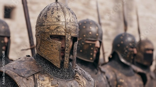 Fototapeta Warriors of the Byzantine Empire: Intense Battle Preparation Scene with Dramatic Tension and Determination in Photorealistic Artwork