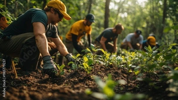 Fototapeta Dedicated Team Collaborating in Lush Forest Setting Embracing Nature and Teamwork while Engaging in Environmental Conservation Projects Outdoors