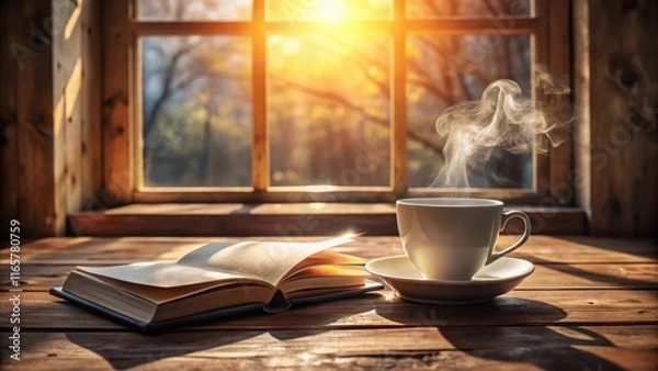 Fototapeta Warm morning sunlight streams through a window, illuminating a cup of steaming coffee and an open book resting on a wooden table.