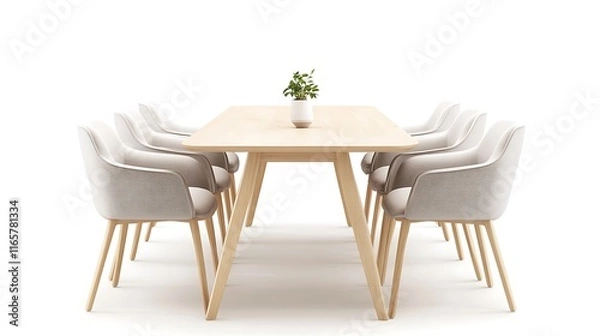 Fototapeta A top-down view of a round wooden table with six light-colored chairs