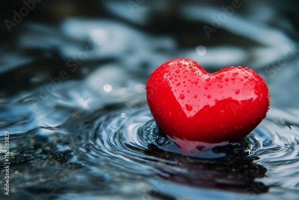 Fototapeta Red heart floating gently on water with raindrops reflecting soft light in the background
