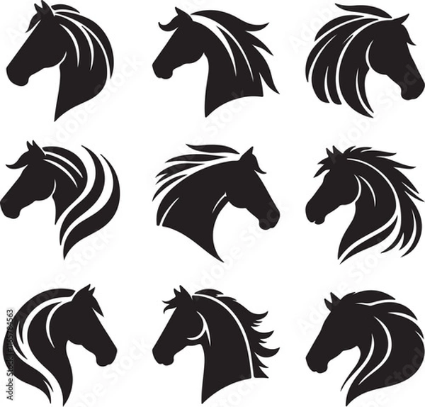 Obraz Horse head vector black silhouette lineart logo icon bundle, animal isolated on white background collection, creative minimal clean detail editable set
