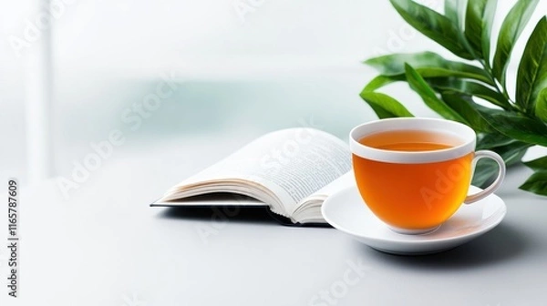 Fototapeta A cozy scene with a cup of tea and an open book.