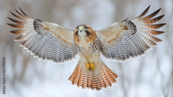 Fototapeta Red-tailed hawk in flight, wings spread wide, showcasing detailed plumage against a blurred winter background.