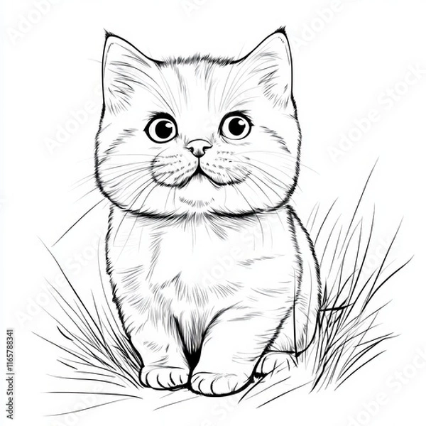 Fototapeta A cute, cartoon-style sketch of a fluffy cat sitting in grass, featuring large eyes and a rounded face.