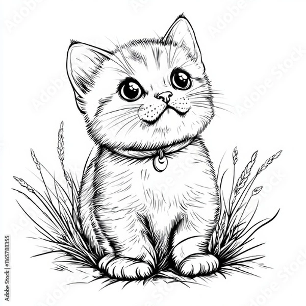 Fototapeta A cute, cartoon-style kitten sits in grass, featuring large eyes and a playful expression, perfect for illustrations or children's content.
