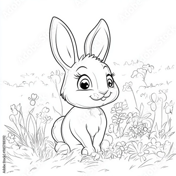 Fototapeta A cute, cartoon-style bunny sitting in a grassy field with flowers, ready for coloring or illustration.