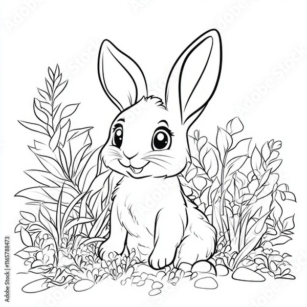 Fototapeta A cute, cartoon-style rabbit sits among plants, featuring a friendly expression, perfect for coloring activities.