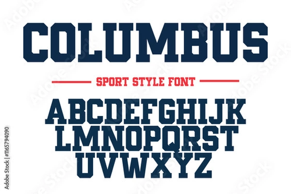 Obraz American college classic font. Vintage sports font in American style for T-shirt designs for football, baseball, and basketball teams. College, school and varsity style font, tackle twill. Vector
