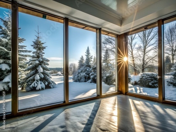 Fototapeta Modern Minimalist Winter Retreat with Panoramic Snowy Views.