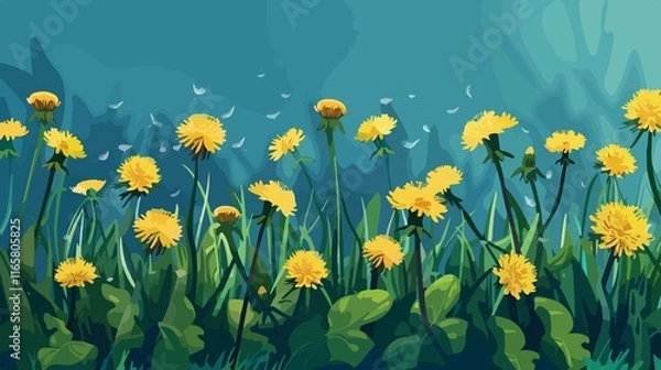 Fototapeta Bright Spring Dandelion Flowers Vector Background in Cartoon Style