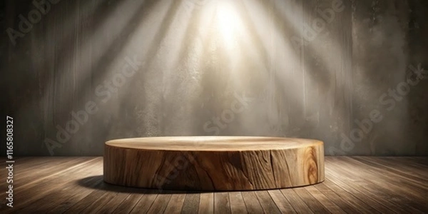 Fototapeta A circular wooden pedestal sits on a wooden floor with sunlight streaming through a window, creating a dramatic and inviting atmosphere.