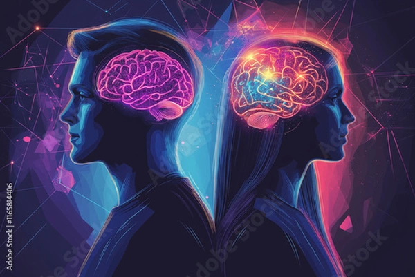 Fototapeta A digital illustration of a man and a woman standing side by side, each with their brains visible in a semi-transparent style.