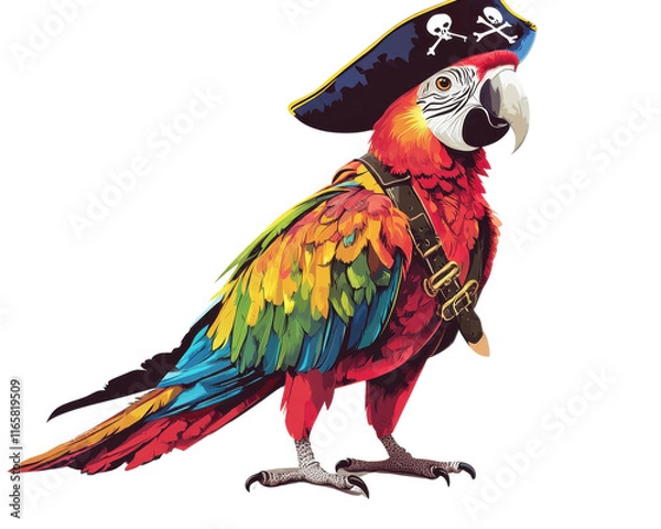 Obraz Colorful parrot wearing a pirate hat and harness, white isolate background.
