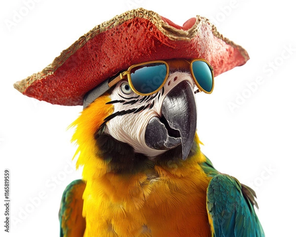 Obraz Colorful parrot wearing a pirate hat and sunglasses, white isolate background.