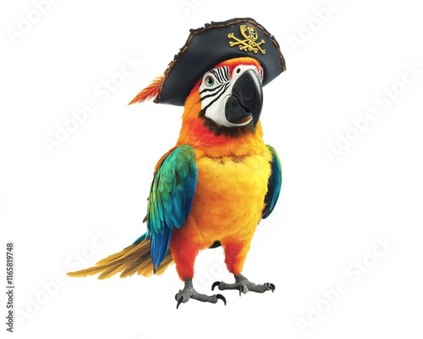 Obraz Colorful parrot wearing a pirate hat on a white isolated background.