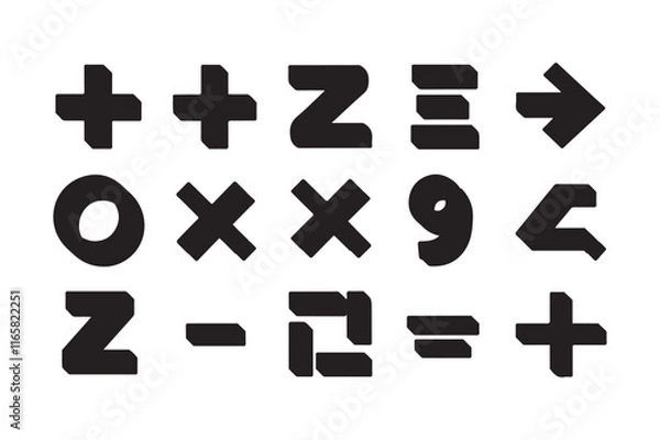 Fototapeta A mathematics icon set features symbols, tools, and visuals representing key concepts like equations, formulas, graphs, numbers, shapes, geometry, algebra, calculus, trigonometry, and statistics.