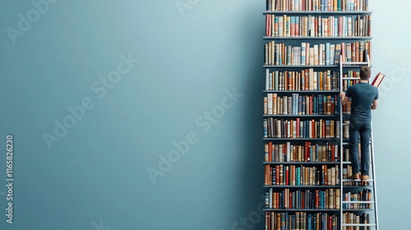 Obraz Organizing books on tall shelf, librarian carefully arranges titles