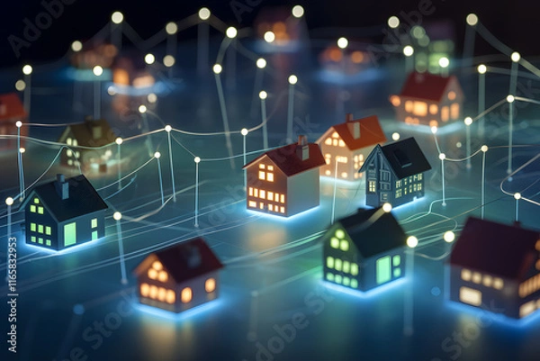 Fototapeta Innovative Concept of a Smart City With Glowing Houses and Networks