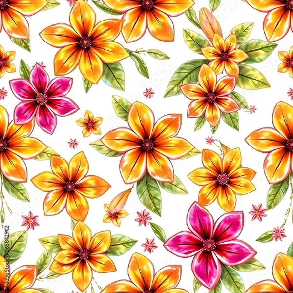 Obraz Floral Watercolor Seamless Pattern: A vibrant and cheerful pattern featuring a captivating array of watercolor flowers in shades of pink, orange, and yellow.