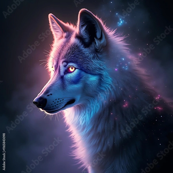 Fototapeta Majestic Wolf with Cosmic Background Illuminated by Ethereal Lights and Stars