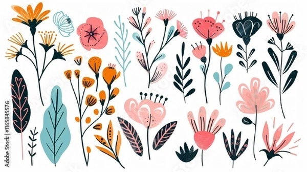 Fototapeta Unique Collection of Quirky Abstract Flowers in Outline Style