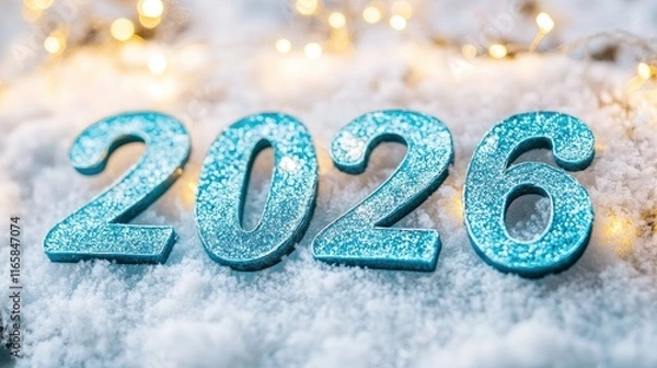 Fototapeta Sparkling Blue 2026 Numbers on Snowy Surface with Fairy Lights