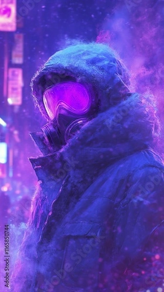 Fototapeta Cyberpunk Snow City: Glowing Gas Mask Figure