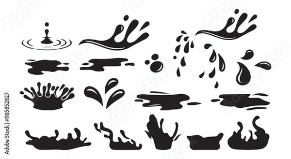 Fototapeta water splash on black vector design set of illustration isolated white background.Black liquid shapes, ink drops, falling watering, cry tears, paint spill, spray, wet circle ripples, aqua splatter ect