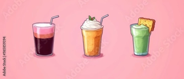 Fototapeta Colorful illustration of three delicious smoothies on a pink background.