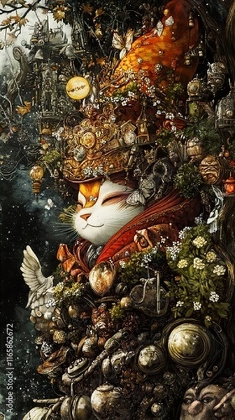 Fototapeta Mystical Cat in Enchanted Forest: A Whimsical Fantasy Painting