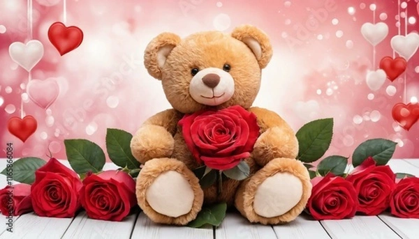 Fototapeta Adorable teddy bear holding a single red rose, surrounded by more roses and hearts. Perfect for Valentine's Day or romantic occasions.