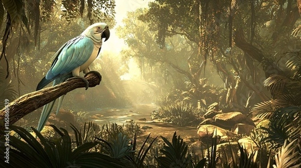 Fototapeta parrot perched on a branch of a tall tree, surrounded by dense jungle foliage, its bright blue feathers contrasting with the greenery. 