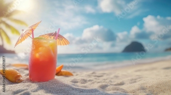 Fototapeta Tropical Drink on the Beach with Umbrella