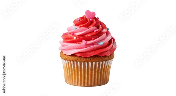 Obraz Single Cupcake with Red and Pink Icing and Tiny Heart Topping on Transparent Background.