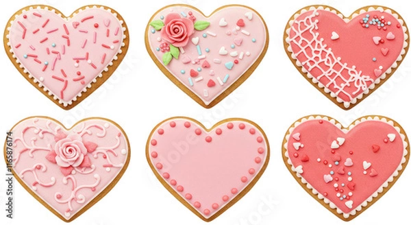Obraz Charming Heart-Shaped Cookies with Pastel Icing and Sprinkles on Transparent Background.