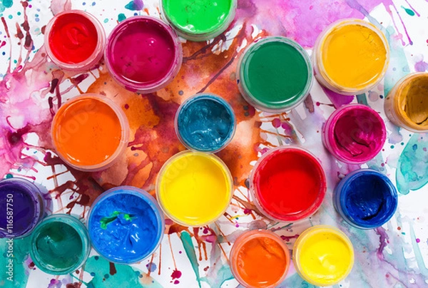 Obraz Paints, brushes and watercolor painted background. The workplace of the artist. Banner for school