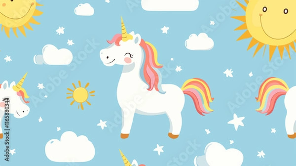 Fototapeta Unicorn seamless pattern, featuring a fairytale animal design, ideal for fantasy, children’s themes, or whimsical designs.