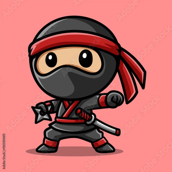 Fototapeta funny ninja with shuriken cartoon isolated colored drawing line art style sketch classic vintage design illustration