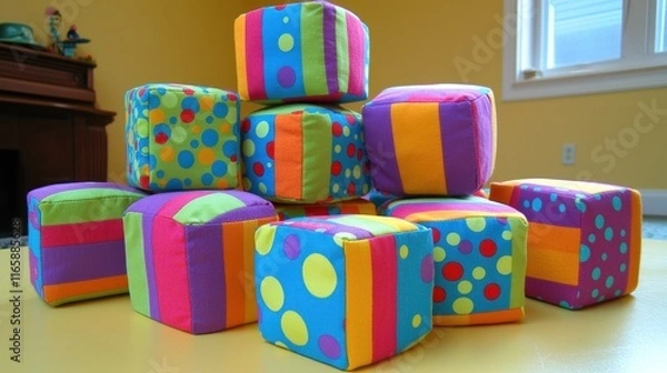 Fototapeta Colorful soft blocks stacked playfully in a bright room.
