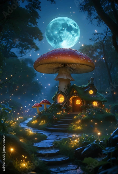 Fototapeta A magical fairy mushroom house nestled in forest at moon night