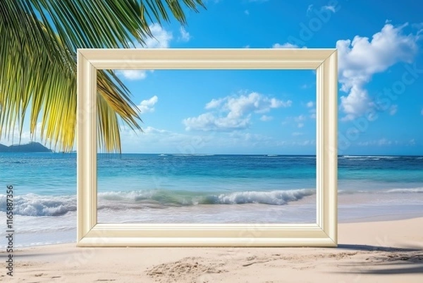 Fototapeta  Empty white frame on a tropical beach with palm trees and turquoise ocean