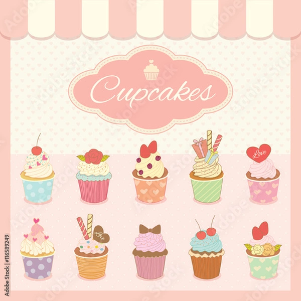 Fototapeta Illustration vector cupcakes menu for pink bakery cafe shop.