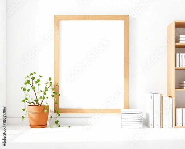 Fototapeta 3D illustration of a small vertical wooden frame mockup placed in a Scandinavian-style interior with a trailing green plant in a pot, pile of books, and shelf on a neutral white wall background. A4, A