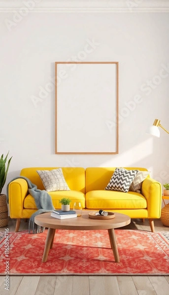 Fototapeta 3D render of a mockup poster in the living room featuring a yellow sofa in bohemian style and a 3D illustration.