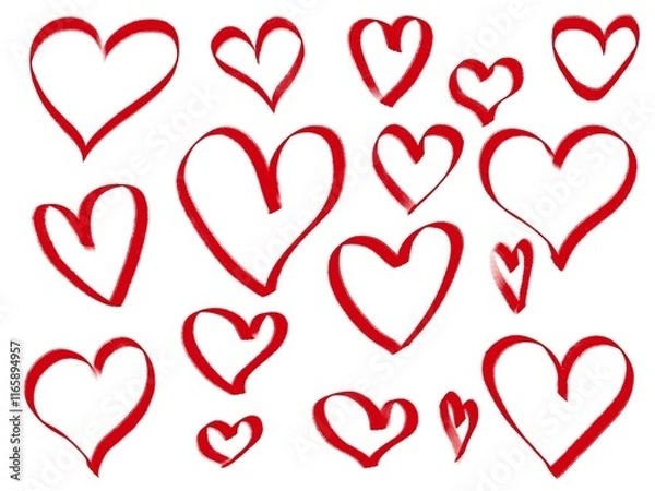Obraz A set of red hearts made in brush stroke style. Each heart has a unique shape and size, creating variety in the composition. Minimalistic design.