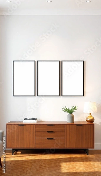 Fototapeta Modern Interior with Three Poster Frames, Vase, and Lamp on a Cabinet