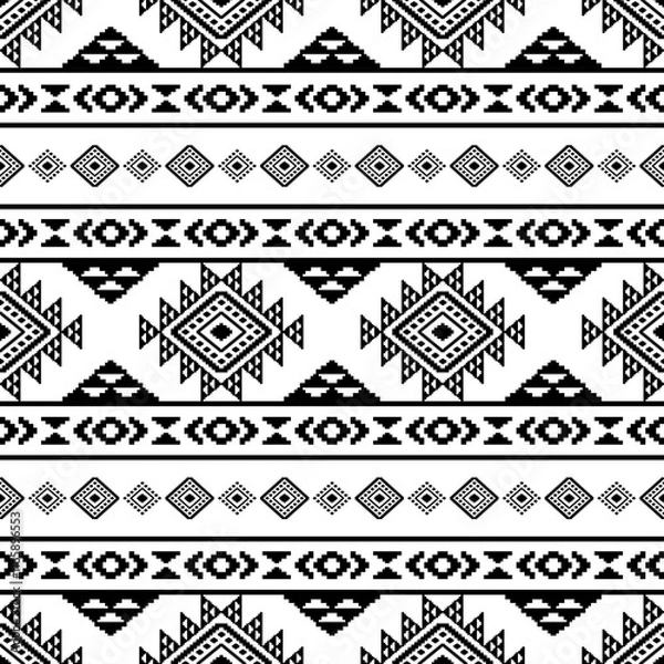 Fototapeta Southwest Aztec geometric Native American Mexican Navajo tribal ethnic boho indian texture ornament seamless pattern fabric black and white design vector for woven textile printing blanket rug carpet 